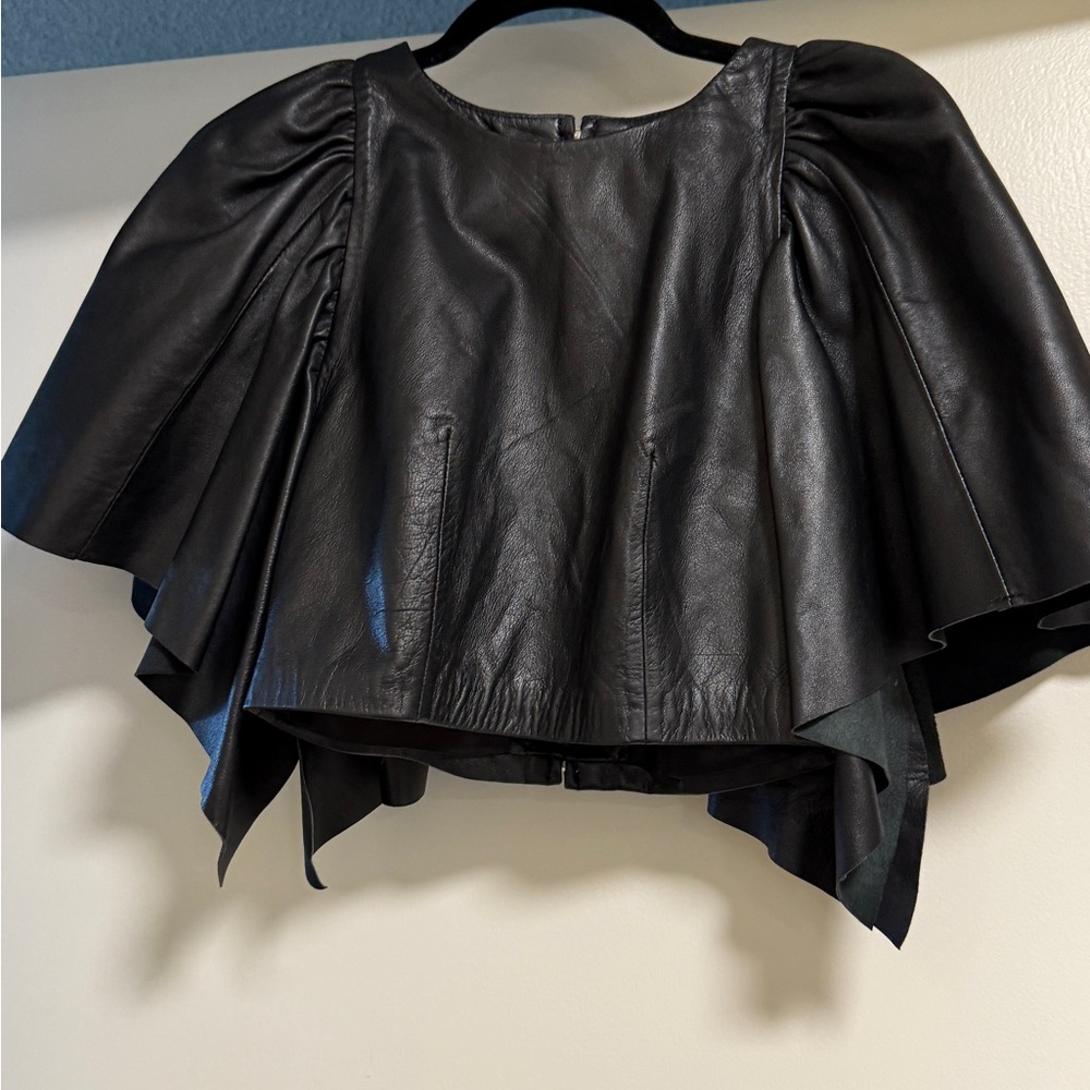 ZARA BLACK VOLUMINOUS GENUINE LEATHER TOP TRF CAPSULE COLLECTION SIZE S